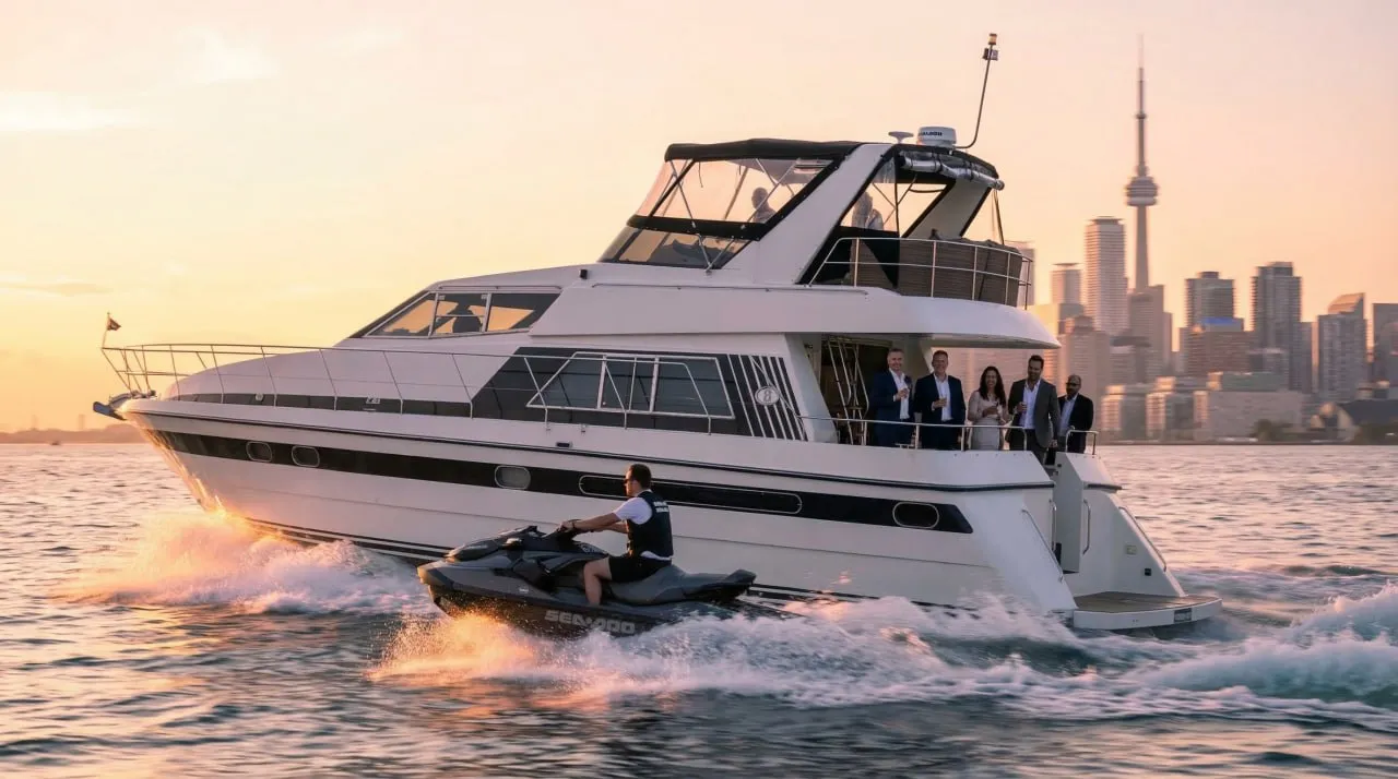 Luxury yacht charter at sunset with Toronto skyline and Lake Ontario views from Port Credit Harbour
